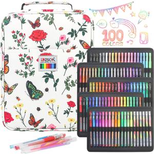 194 Pack Glitter Gel Pen Set, 100 Art Colored Pens Including 94 Gel Pens, 6 Glitter Rainbow Pens, 94 Matching Refills Themed Canvas Case for Adult Coloring Books, Journaling, Scrapbooks