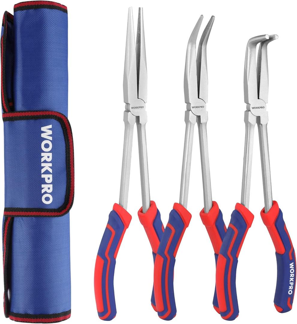 WORKPRO 3PC Long Reach Pliers Set, 11 Inch Extra Long Needle Nose Plier Set Includes Straight, 90 & 45 Bent Nose Plier, Pliers Tool Set for Narrow Spaces
