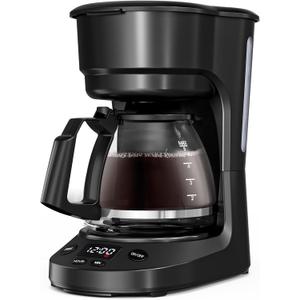 WAA 5 Cup Drip Coffee Maker, Portable Coffee Machine with Programmable Timer, Coffee Pots with Reusable Filter, Auto Shut-Off and Keep Warm Plate, Delay Brew, 25oz Water Tank, Black