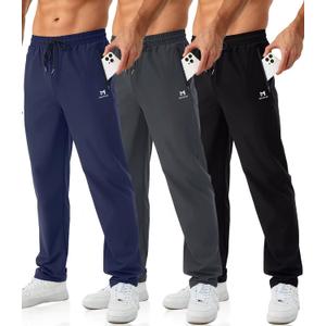 Mens Joggers with Zipper Pockets Open Bottom Sweatpants for Men 3 Pack Lightweight Track Pants Men for Workout,Gym (X-Large, Black,Dark Gray,Navy)