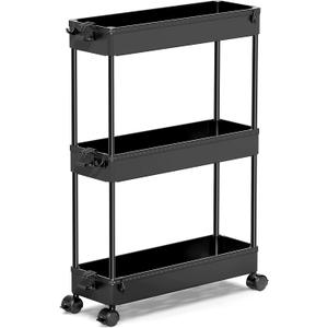 Spacekeeper Slim Rolling Storage Cart, 3 Tier Bathroom Storage Organizer Laundry Room Utility Cart Mobile Shelving Unit, Multi-Purpose for Kitchen Office Bathroom Laundry Narrow Places, Black