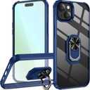 Ring Kickstand Clear Phone Case for iPhone 15 (6.1 Inch),Drop Protection Slim Protective Shell Cover,Flexible Bumper + Hard Back + Ring Stand Fits Magnetic Car Mount,Blue