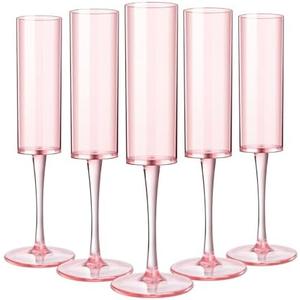 DI QIU REN 12 Pcs Pink Champagne Flutes Plastic, 6 OZ Square Pink Champagne Glasses Reusable Stemmed Wedding Champagne Flutes Unbreakable Shatterproof Wedding Toasting Flutes for Party Wedding Holiday