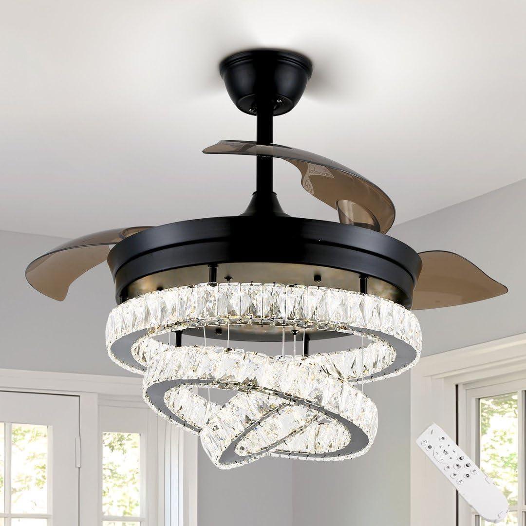42" Black Fandeliers with Lights Dimmable LED Crystal Ceiling Fan Individual 3 LED Color Change with Timi Memory Function, 24.4 inches