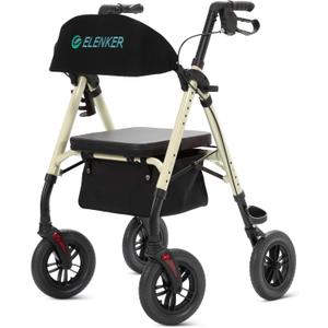 ELENKER All-Terrain Rollator Walker with 10 Non-Pneumatic Wheels, Sponge Padded Seat and Backrest, Fully Adjustment Frame for Seniors, Champagne