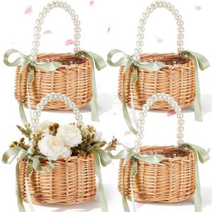 Thyle 4 Pcs Flower Girl Baskets with Handle, 7.87 x 4.33 Inch, Wicker Rattan Lightweight Brown Rustic Flower Girl Baskets for Wedding Ceremony, Bridal Shower and Home Decoration(Green Ribbon,Pearls)