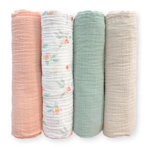 SwaddleDesigns Cotton Muslin Swaddle Blankets for Baby Girl, Set of 4, Receiving Blankets for Newborn, Baby Registry & Gift, 46x46 inches, Watercolor Peachy Pink Floral