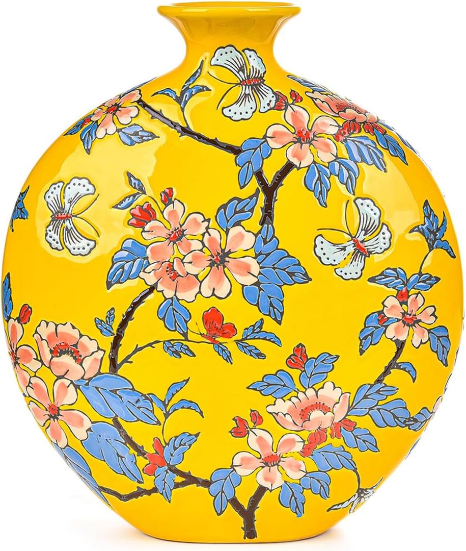 Sungmor High-Class Enamel Painted Porcelain Vase, Traditional Hand-Carved Overglaze Color Ceramic Vase for Fresh Flowers Dried Plants Arrangement, Decorative Vase for Centerpieces, Shelf, Living Room