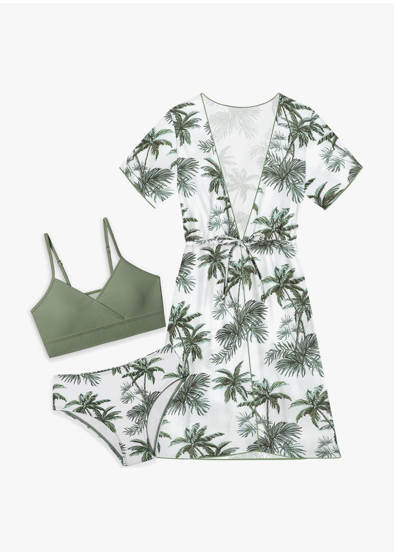 KANGKANG Girls Swimsuit 3 Piece Tropical Print Bikini Set V-Neck Bathing Suit with Drawstring Cover Up Girls' Swimwear 9-10Y