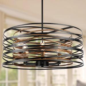 23.6'' Rustic Large Drum Chandeliers for Dining Room, 6-Light Modern Farmhouse Lighting for Kitchen Island, Retro Round Entryway Light Fixture, Black with Retro Wood Texture Interior