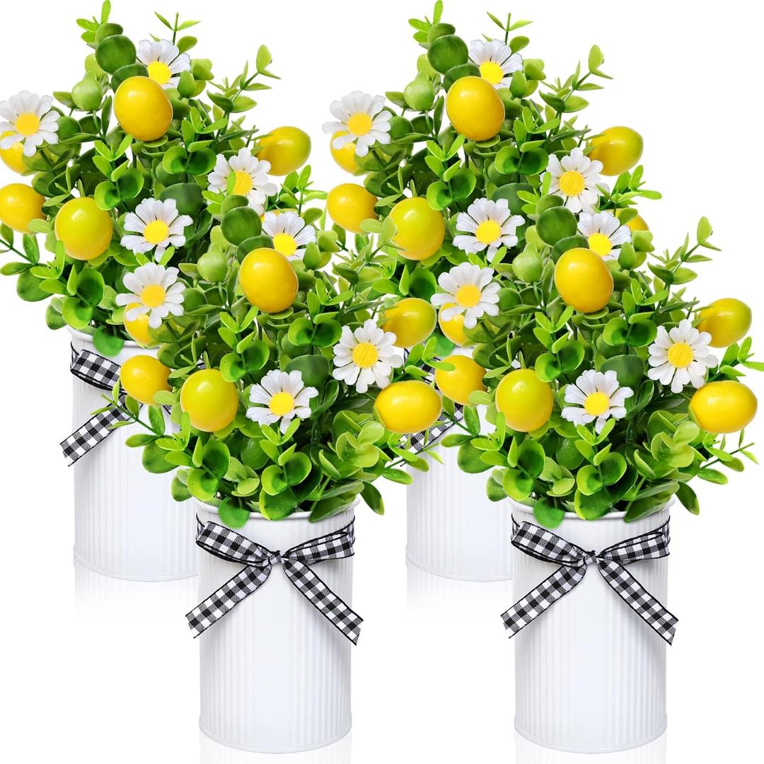 4 Pack Lemon Mason Jar Table Centerpiece, Artificial Lemon Home Centerpieces Fake Lemon Daisy Plants with Faux Leaves for Summer Wedding Farmhouse Office Kitchen Bathroom Dining Table Centerpiece