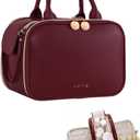 Prite Makeup Bag for Women, Large Capacity Waterproof Travel Cosmetic Organizer, Portable Open Flat Toiletry Bag with Free-standing Brush Holder and Handle (Burgundy Large)
