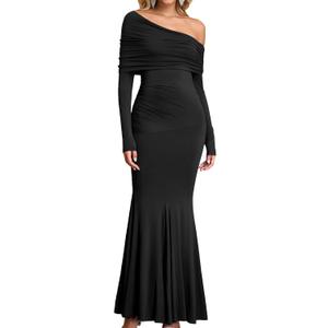GLNEGE Off The Shoulder Fall Wedding Guest Formal Dress Long Sleeve Ruched Bodycon Maxi Cocktail Party Dresses for Women (Black, S)