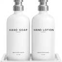 White Glass Soap and Lotion Dispenser Set by Brighter Barns - Bathroom Soap Dispenser Set Tray - Liquid Hand Soap Dispenser Pump - Modern Bathroom Accessories for Guest, Hotel, Spa, Restaurant (White) (Silver Sl)