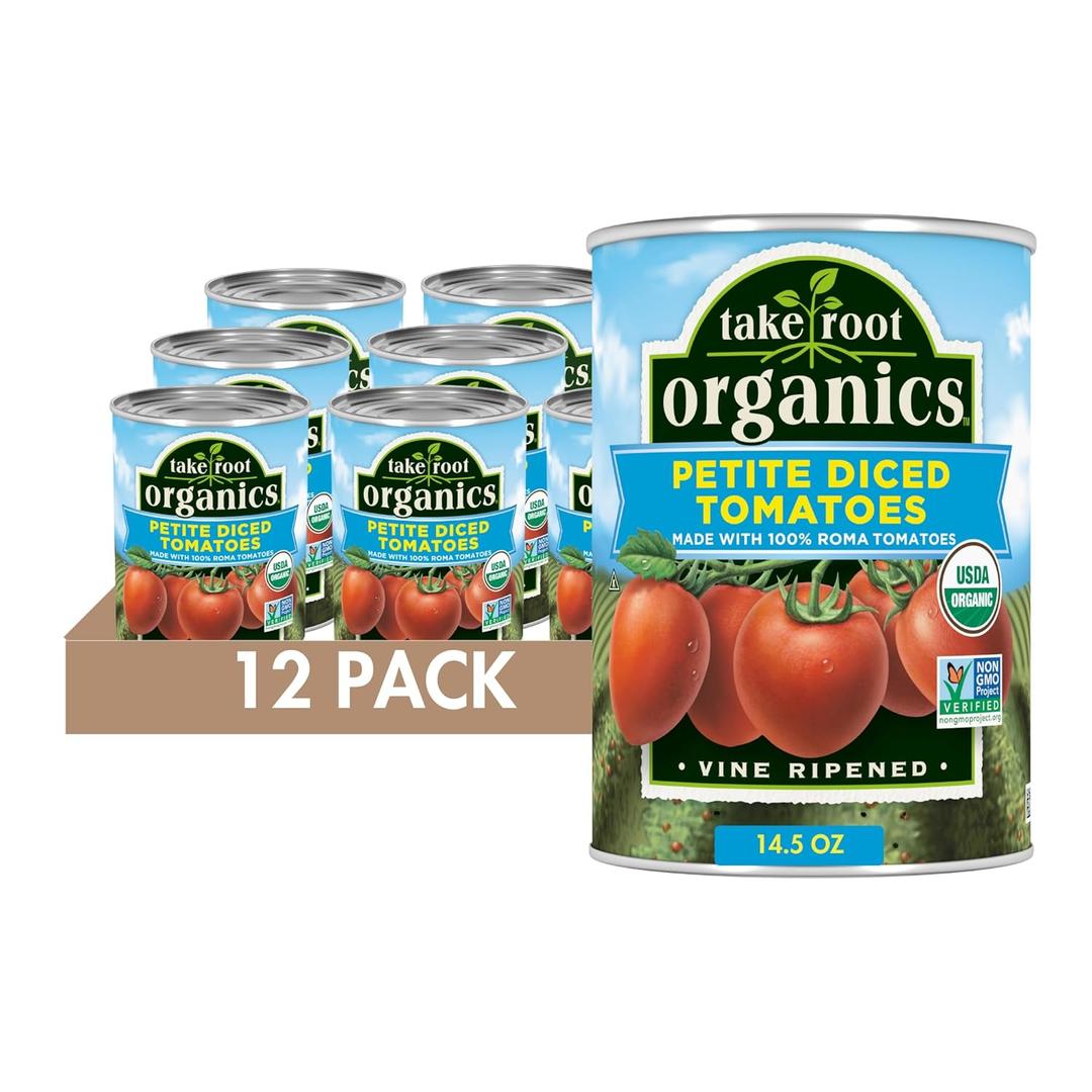 Take Root Organics Petite Diced Organic Canned Tomatoes, 14.5 oz Can (Pack of 12 Cans), BBD: 05/28/27