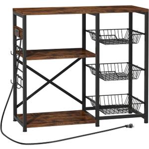 Homeiju Kitchen Island, Baker's Rack with Power Outlet, Microwave Stand, Coffee Bar with 3 Removable Wire Baskets, Kitchen Storage Rack with 6 S-Hooks for Spices, Pots and Pans - Rustic Brown