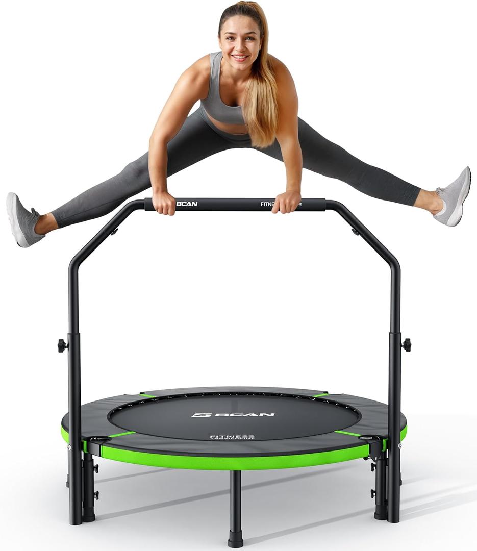 BCAN SP3 40"/48" Foldable Mini Trampoline, Rebounder Trampoline for Adults, U/T Adjustable Foam Handle, Exercise Rebounder for Adults Indoor/Garden Workout, Max Load 330lbs/440lbs-40T-Green