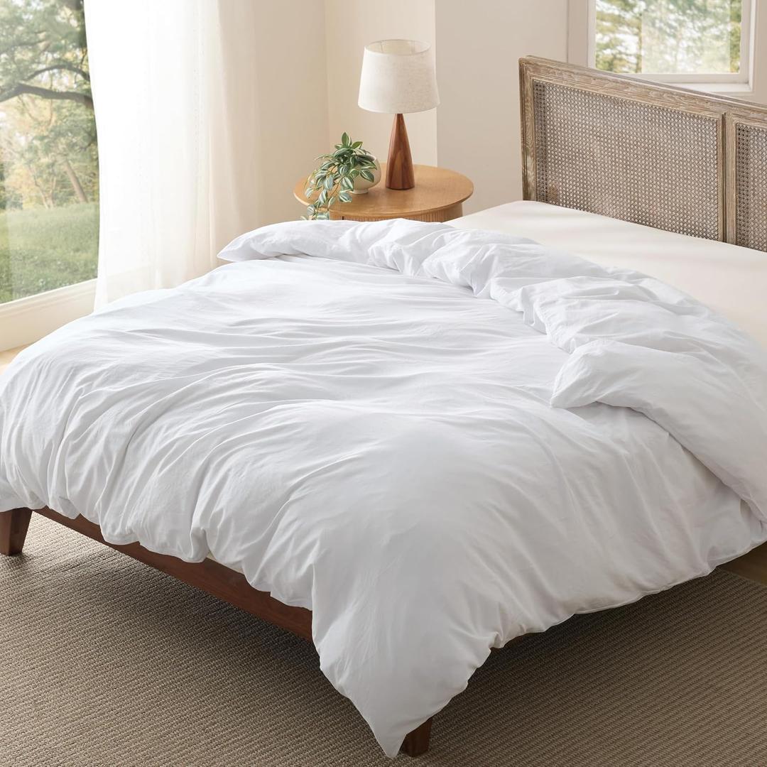 Bedsure Duvet Cover Queen Size Only - Prewashed Cotton-Like Polyester Extra Soft All Season Bedding, Includes 1 Duvet Cover 90x90 Inches with Zipper Closure, White, (No Comforter)