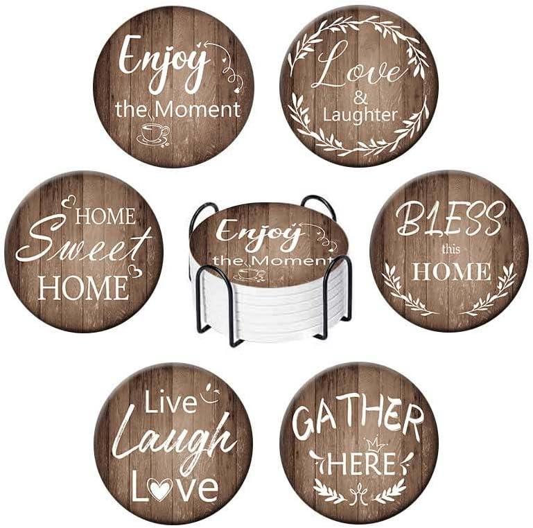 Ceramic Coasters Set of 6-Absorbent Drink Coasters with Holder,Cute Funny Designs,Modern Farmhouse Style,Unique&Personalized for Desk,Bar,Office,Outdoor,Home Decor Use (Brown)