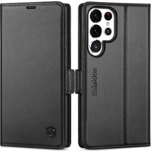 SHIELDON Wallet Case for Galaxy S25 Ultra 6.9", Genuine Leather Folio Case with Kickstand RFID Blocking Card Holder Magnetic Protective Phone Cover Compatible with Galaxy S25 Ultra 2025 - Black