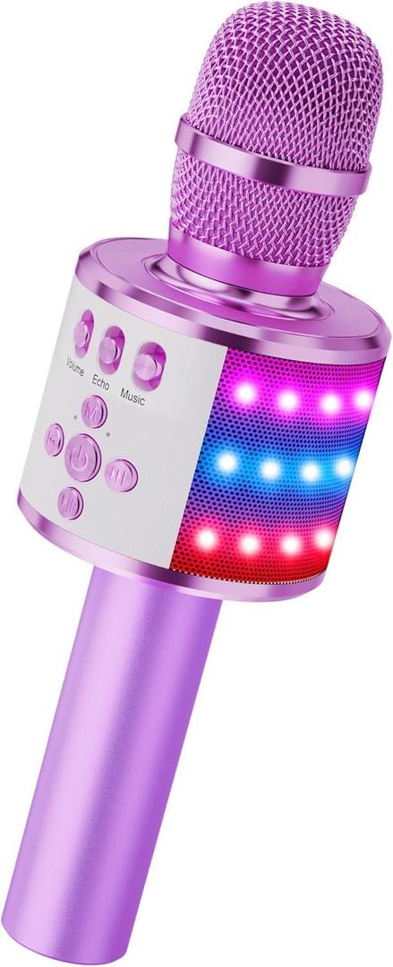 BONAOK Karaoke Microphone for Kids & Adults - Phantom Power Supplies Bluetooth Singing Mic with Disco Lights, Echo Effect, Built-in Speaker Portable for Party Travel GiftsQ78 (Light Purple)