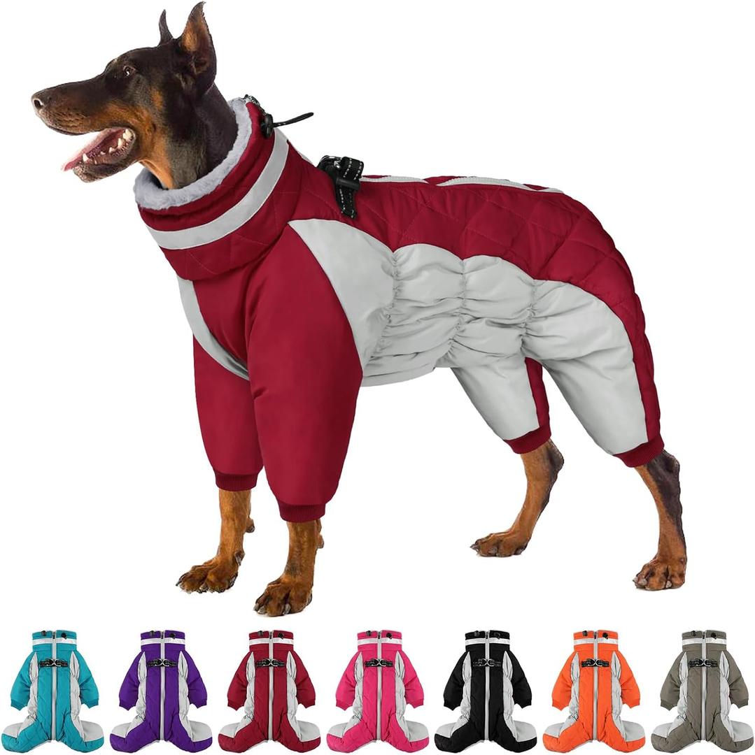 SUNFURA Full Body Dog Coat - Warm Fleece Jacket for Large Dogs, Turtleneck Winter Coats with Harness, Reflective Dog Snowsuit Windproof Puffer Jackets with Legs for Weimaraner, Burgundy, XL