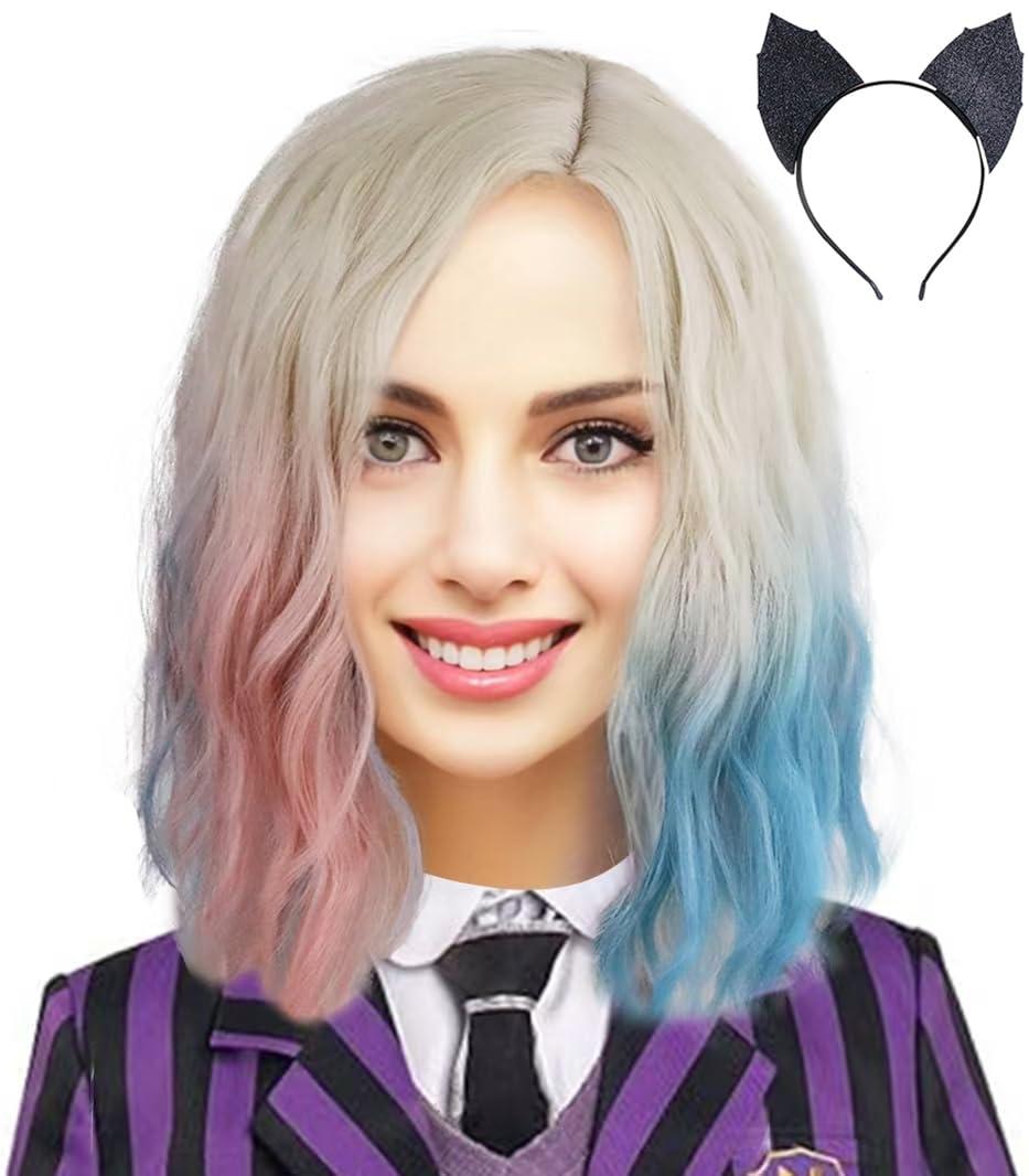 Enid Sinclair Wigs with Headband Curly Blonde Pink Blue Wigs for Halloween