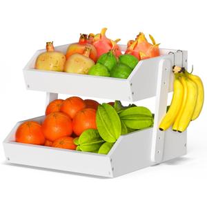 Bamboo Fruit Basket for Kitchen - 2 Tier Fruit Bowl, Large Holder With Banana Hangers, Idea For Vegetable Storage, Bread Display, Snack Organizer (White)