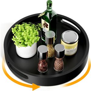Lazy Susan Organizer Homerays 12 Inch Non-Skid Bamboo Lazy Susan for Kitchen Rotating Spice Rack with Handles, Wood Turntable for Kitchen Cabinet, Countertop (Black, Medium)