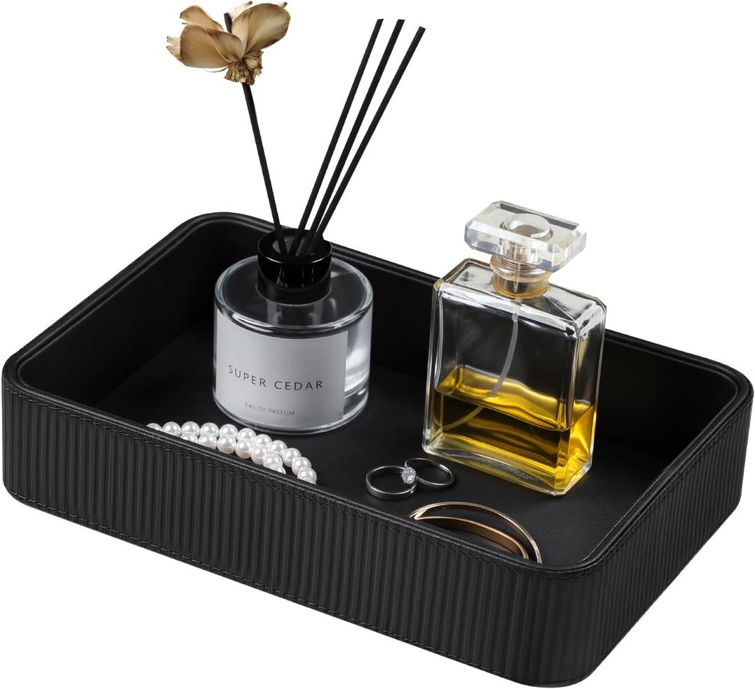 PU Leather Valet Tray Organizer, Modern Nightstand Organizer Bedside Desktop Storage for Womens and Men, Decorative Perfume Trinket Catchall Vanity Tray for Key Watch Wallet (Black)