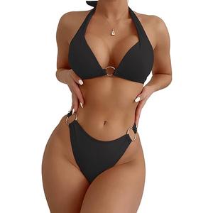 SweatyRocks Women's Ring Linked Halter Push Up Bikini Swimsuit High Stretch Bathing Suit Swimwear Set Swimming Suit Two Piece (Black, S)