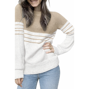 CiCiBird Women’s Fall 2025 Color Block Sweater Striped Long Sleeve Knit Pullover Tops Loose Crew Neck Sweaters (Medium, Beige)