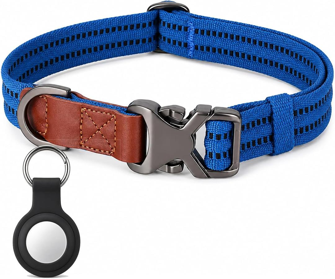 Dog Collar for Medium Large Dogs, Adjustable 14-20 Inch Pet Collar, Wear-Resistant Heavy Duty Polyester Strap with Zinc Alloy Buckle,Airtag Holder, Royal BlueM