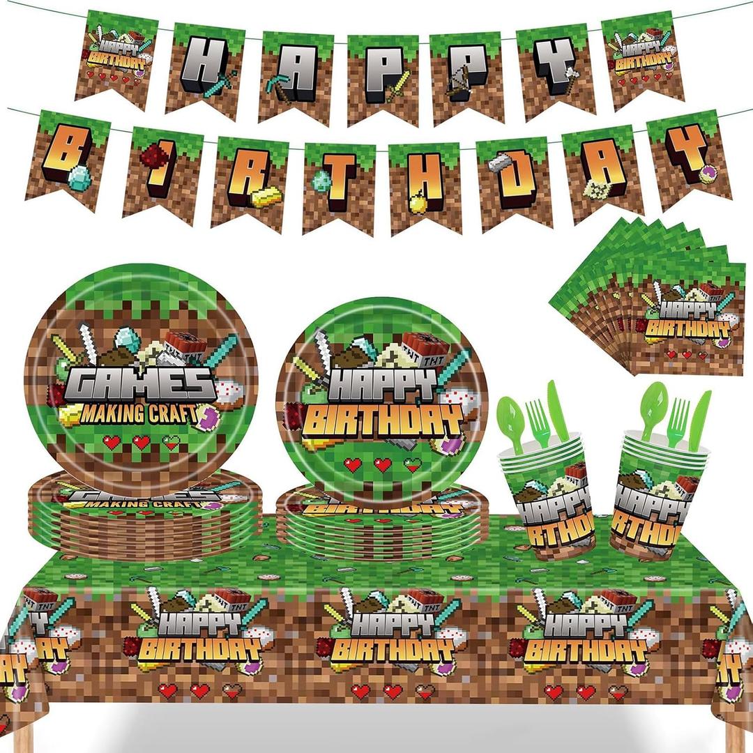 Cartoon Birthday Party Decorations, Pixel Styled Gamer Party Supplies Includes Plates Napkins Cups Tablecloth Forks Spoons Knives Banner, for Video Game Themed Party (Set)