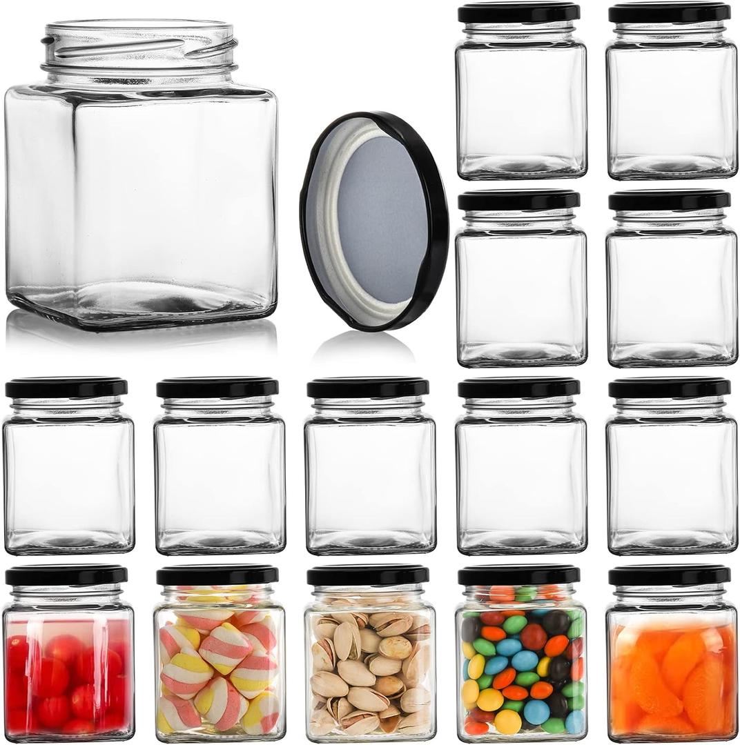 Jucoan 15 Pack Square Glass Jar with Black Airtight Metal Lids, 10 oz Small Glass Mason Jar Canning Jars for Jam, Spices, Honey, Jelly, Baby Shower, Wedding Favor