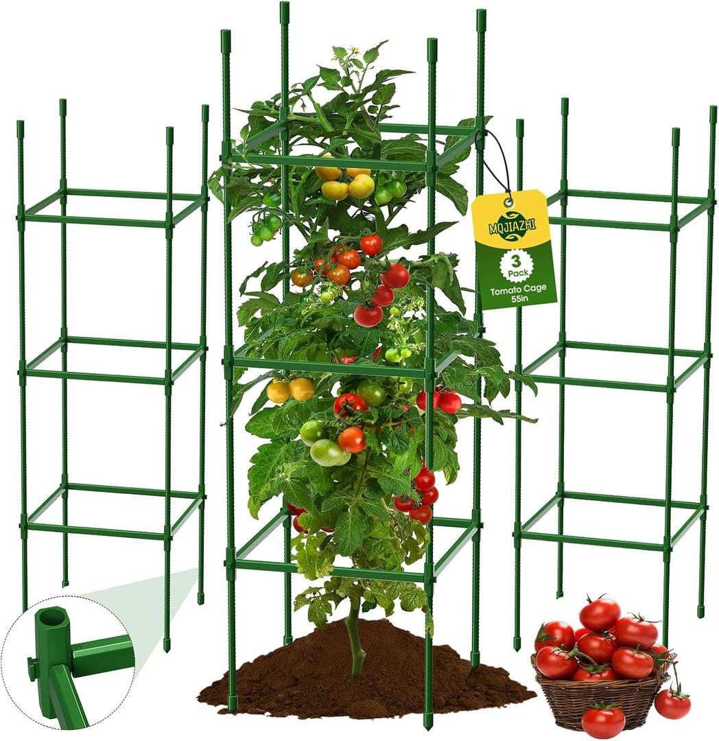 3 Pack Tomato Cages for Garden, Up to 55Inch Square Tomato Plant Cage, Upgraded Octagonal Connector, Heavy Duty Adjustable Tomato Stake Support for Garden Climbing Vegetables Flowers Fruits