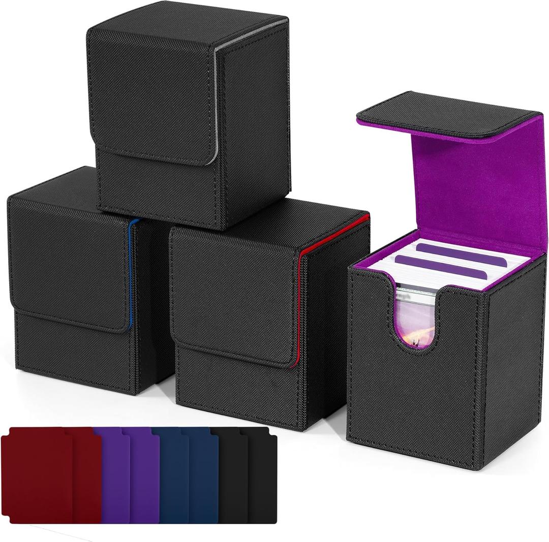ZLCA Card Deck Box for Trading Cards,PU Leather Magnetic Card Storage Box Fits for TCG CCG Magic Game Cards(Black Set) (4pcs-Multicolor)