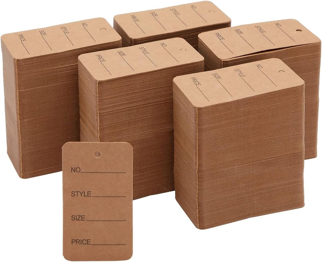 1000-Pack Kraft Paper Clothing Tags for Boutique, 2.7x1.5 Blank Clothes Size Price Labels, Brown Merchandise Display Hang Tags for Wholesale Retail Store Small Business Supplies