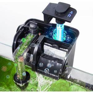 Hang on Back Aquarium Filter 158GPH for 10-40 Gal. Fish Tank, w/ Detachable U-V Light &Surface Skimmer, 4-Stage Suspension Oxygen Deodorization Saltwater Freshwater Crystal Clear Green Clean Machine