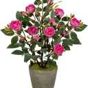 Artificial Flower Plants Camellia Pink Roses Faux Potted Plant with Cement Pot Fake Silk Flower Rose Camellias Flower Arrangement Office Home Decor Bathroom Shelf Desk Decoration 15 Inch