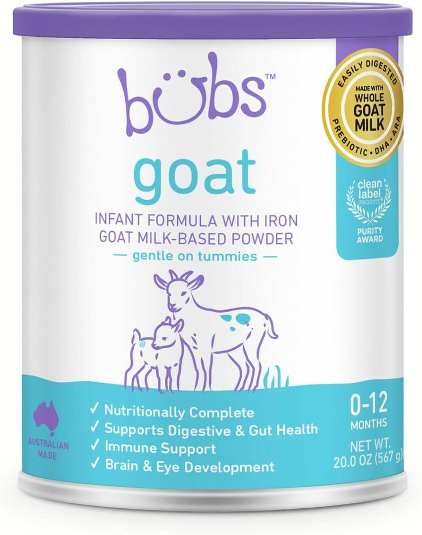 Bubs Whole Goat Milk Formula with Iron, Goat Milk-Based Powder, for Infants 0-12 Months, Made with Non-GMO Goat Milk, 20 oz (EXP 06/06/28)