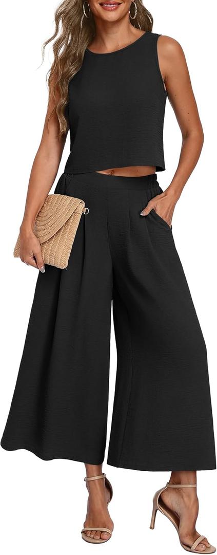 Lepunuo Womens Summer 2 Piece Outfits Sleeveless Crop Top Flowy Wide Leg Pants Matching Sets Vacation Beach Travel Outfits (M, Black)