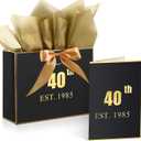 Teenyyou 40th Birthday Gift Bag Large for Women with Greeting Card and Tissue Paper Wrapping Gift Bag for Birthday Decorations Party Supplies(Black Gold,40th)