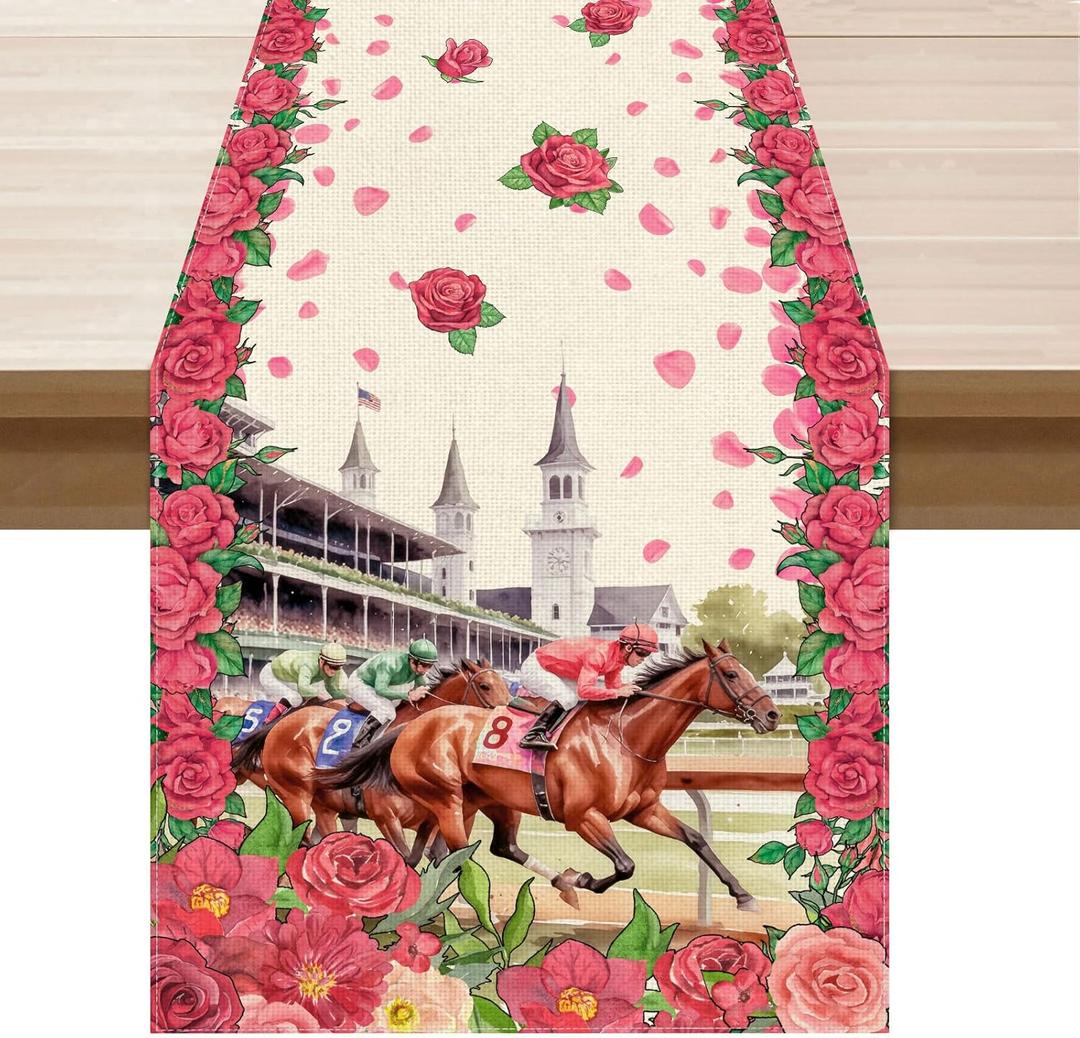 XCHI Kentucky Churchill Downs Roses Horse Rcing Table Runner Table Decorations for Party Home Kitchen Dining Holiday Decor 13x72 Inch