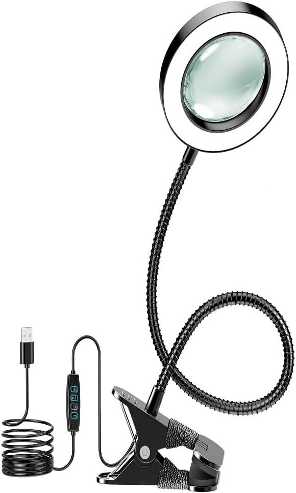 10X Magnifying Glass with Light and Timer, 2 in 1 Magnifying Desk Lamp, 3 Color Modes 10 Dimmable Brightness, Flexible Gooseneck Magnifier with Light for Craft Hobby Sewing Close Work(No Adapter) (Black)