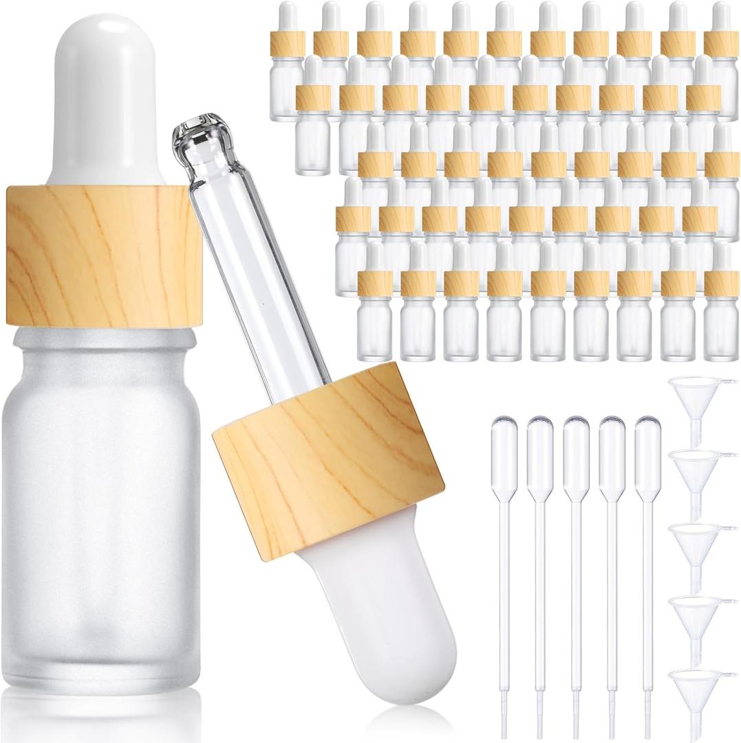 Patelai 48 Pcs 10 ml/ 0.33 oz Frosted Glass Dropper Bottles White Essential Oil Bottles with Eye Dropper and Bamboo Lids Perfume Sample Essence Liquid Cosmetic Containers and Funnels