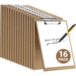 HappyHapi 16 Pack Clipboard 8.5 x 11 Letter Size Clip Boards Bulk, A4 Wooden Hardboard Office Clipboards Pack for Classroom, Work-Meetings, Brown