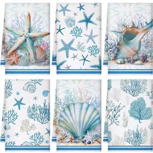 Boyiee Set of 6 Beach Kitchen Towels Coastal Ocean Dish Towels Sea Nautical Tea Towels Absorbent 24 x 16 Inches Shell Coral Starfish Hand Towels Summer Gifts for Farmhouse Kitchen Bathroom Decorations
