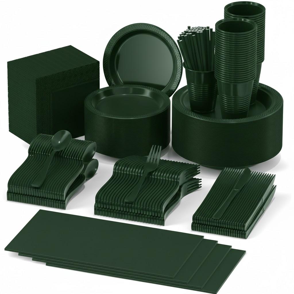 404 Pieces Disposable Plastic Dinnerware Set, Plastic Cutlery Set Includes 50 Of Each Dinner Plates|Dessert Plates|Cups|Napkins|Straws|Spoons, Forks & Knives (Green, 404PCS50 Guests)