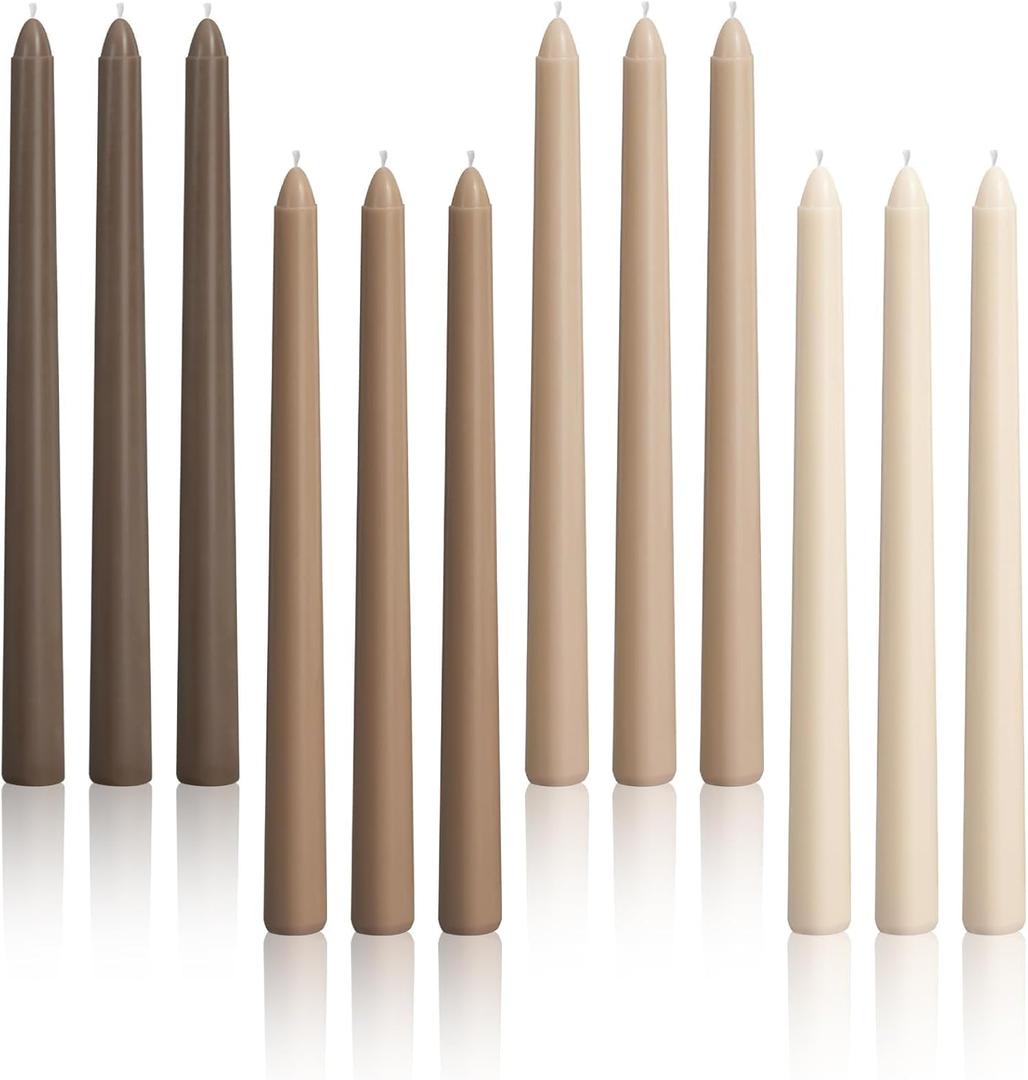 Viyffo 10-Inch Taper Candles, 12-Pack Smokeless & Unscented Long Burning Taper Candlesticks, Hand-Poured Candles for Home Dcor, Weddings & Dinner, Brown